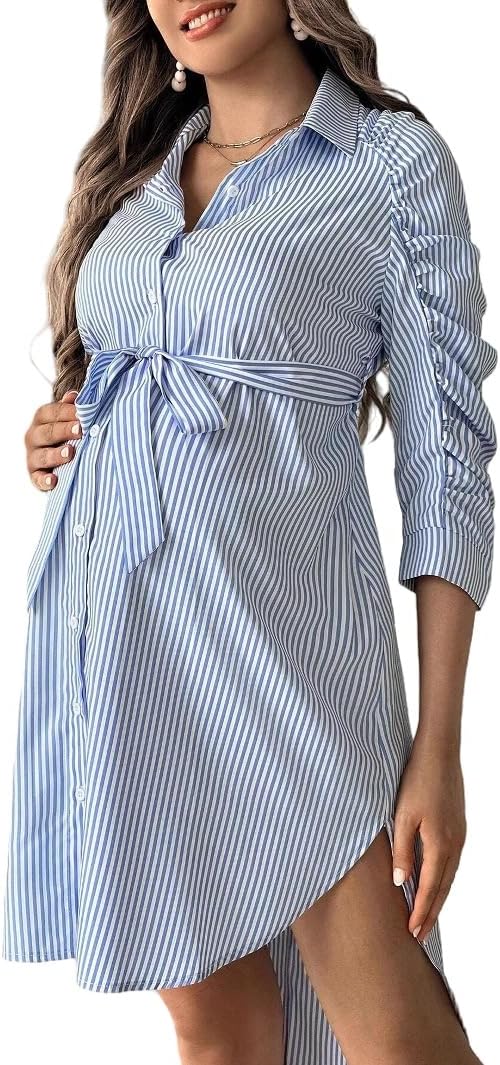 Maternity dress in blue worn during a casual outing
