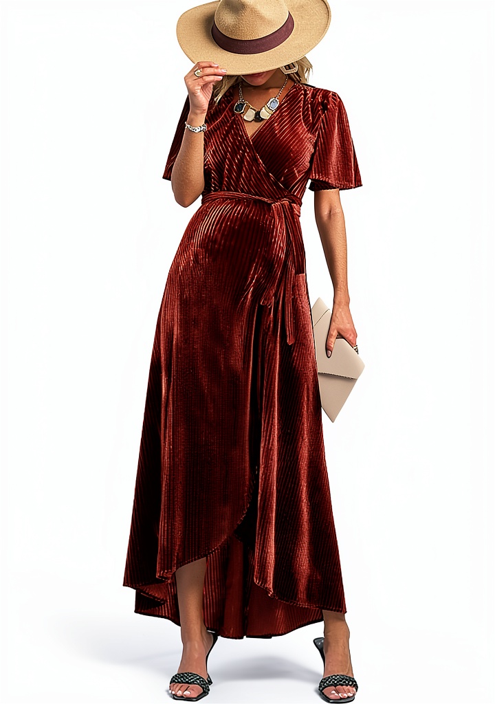 Rheane maternity dress in Caramel Rust color showing wrap design and velvet texture