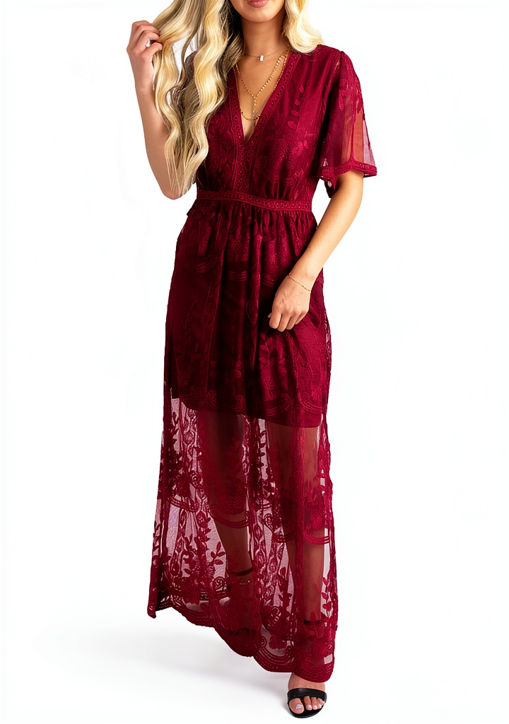 Women's lace maxi dress with floral embroidered lace