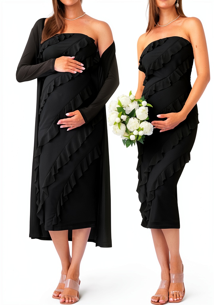 Maternity maxi dress with mesh cardigan at a baby shower
