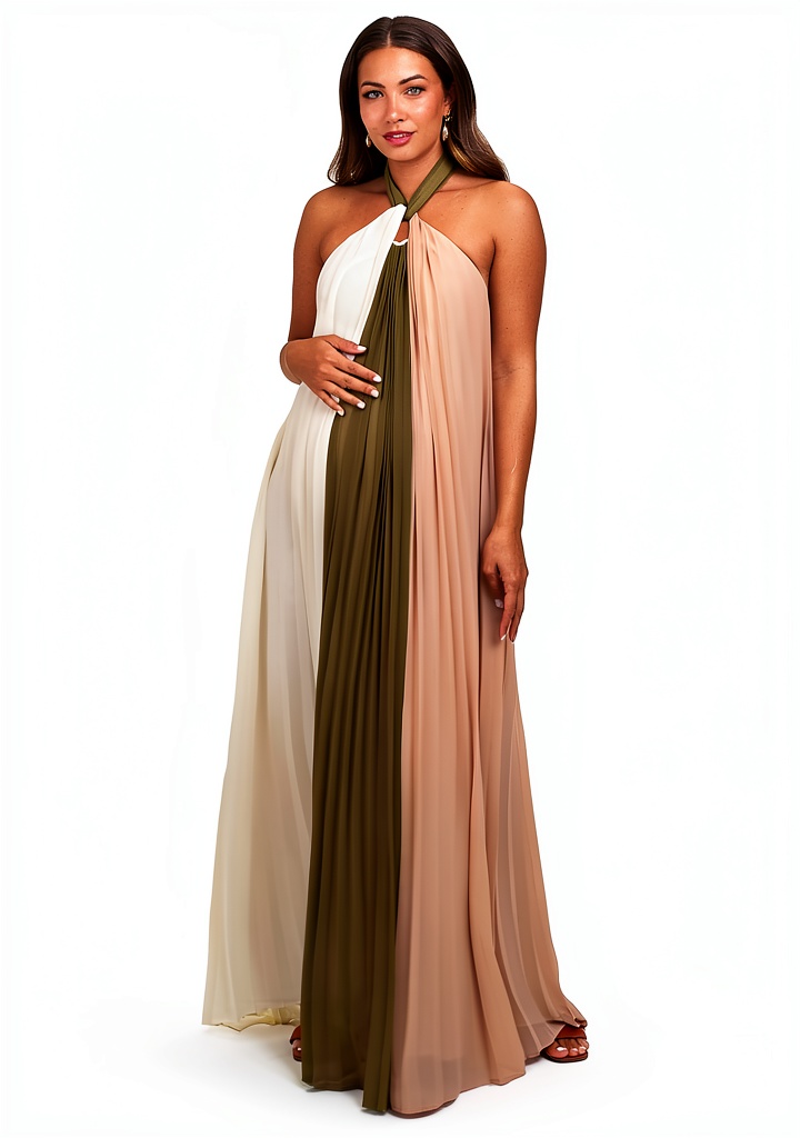 Olive green maternity dress displayed on a pregnant model in a garden setting