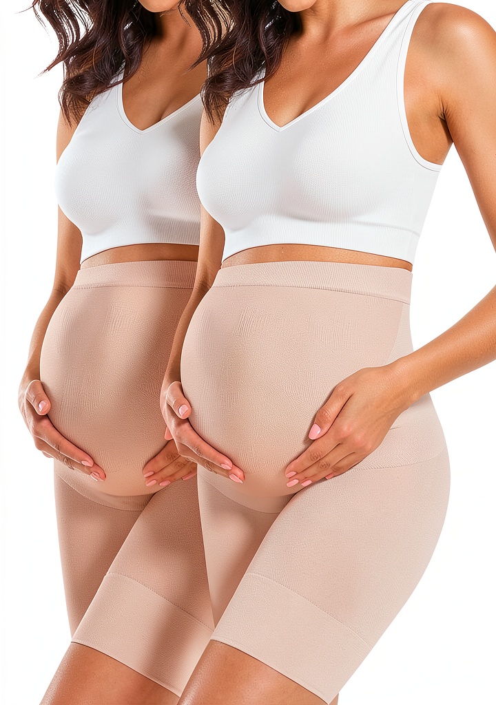 Unboxing and first‑time wear of maternity shapewear on a bedroom vanity