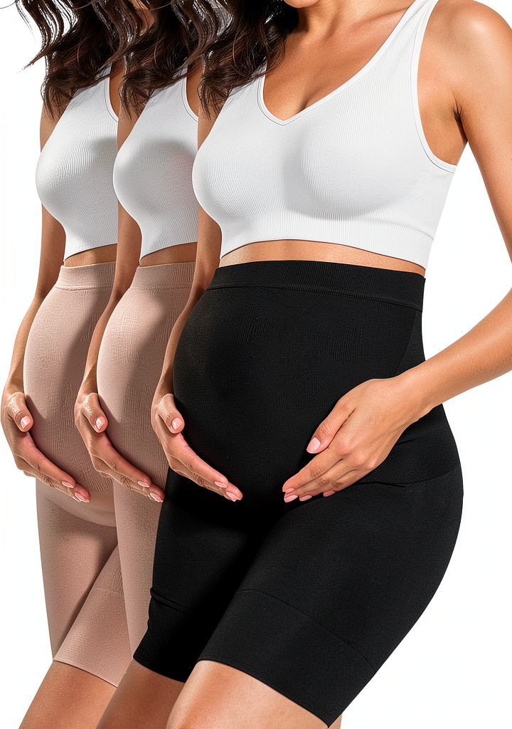 Real-life context – pregnant woman slipping Brand Name maternity shapewear onto her belly while standing on a bedroom floor