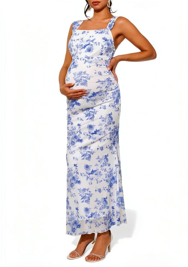 Maternity Floral Dress by Luna Blue White Fishtail Gown-1