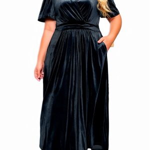 Apex Plus Size Velvet Maxi Dress - Short Sleeve V Neck, Smocked Waist-0