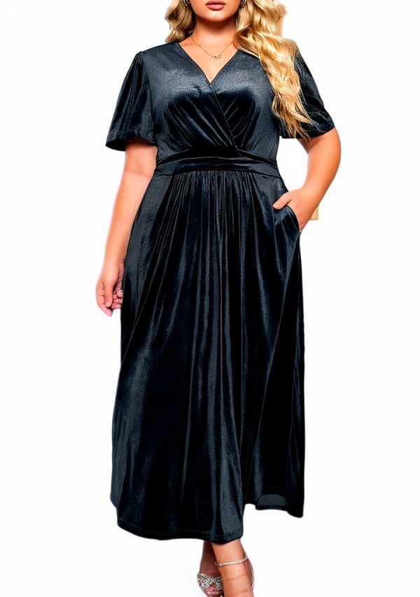 Apex Plus Size Velvet Maxi Dress - Short Sleeve V Neck, Smocked Waist-0