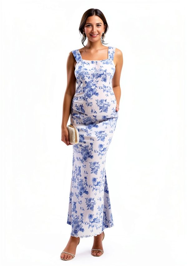 Maternity Floral Dress by Luna Blue White Fishtail Gown-4
