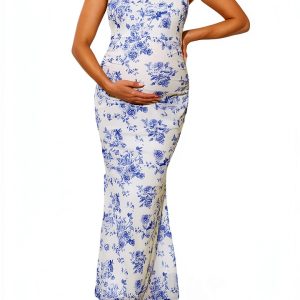 Maternity Floral Dress by Luna Blue White Fishtail Gown-0