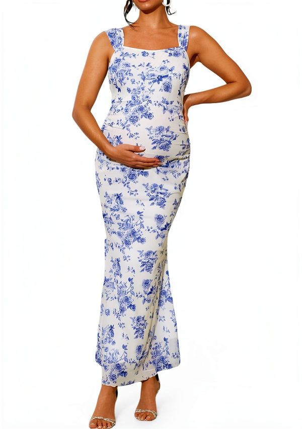 Maternity Floral Dress by Luna Blue White Fishtail Gown-0