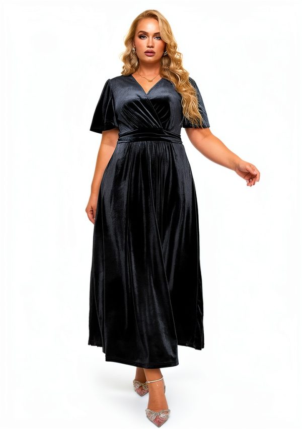 Apex Plus Size Velvet Maxi Dress - Short Sleeve V Neck, Smocked Waist-1