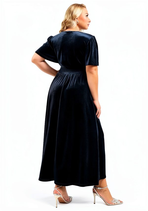 Apex Plus Size Velvet Maxi Dress - Short Sleeve V Neck, Smocked Waist-6
