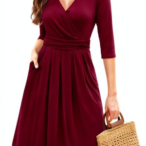 ElegantWrap Women's Dress - Burgundy Red Medium Stretch Mesh-0
