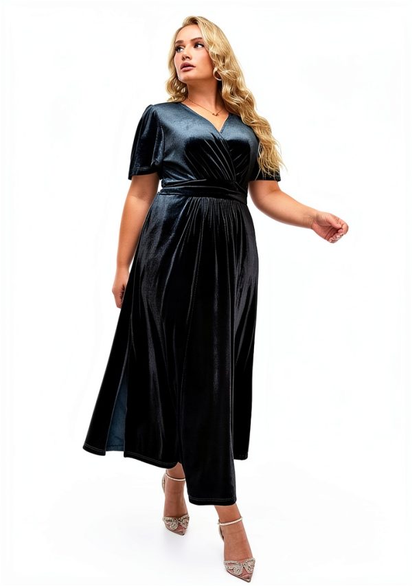 Apex Plus Size Velvet Maxi Dress - Short Sleeve V Neck, Smocked Waist-3