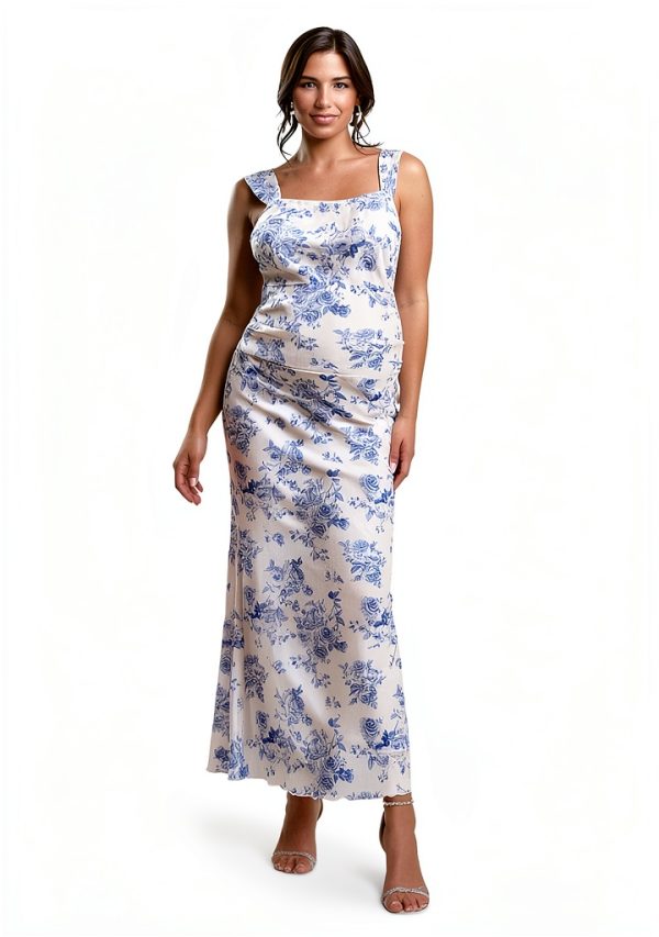 Maternity Floral Dress by Luna Blue White Fishtail Gown-3