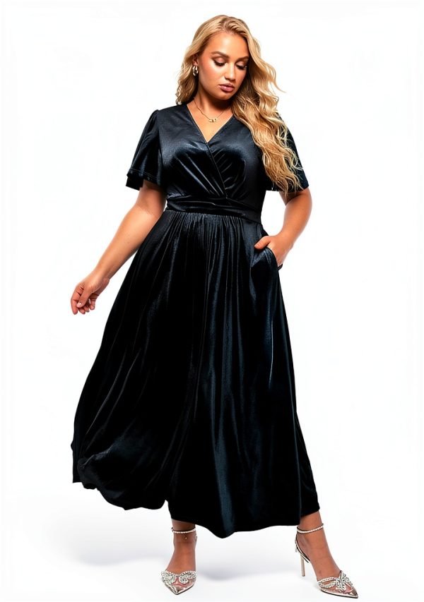 Apex Plus Size Velvet Maxi Dress - Short Sleeve V Neck, Smocked Waist-4